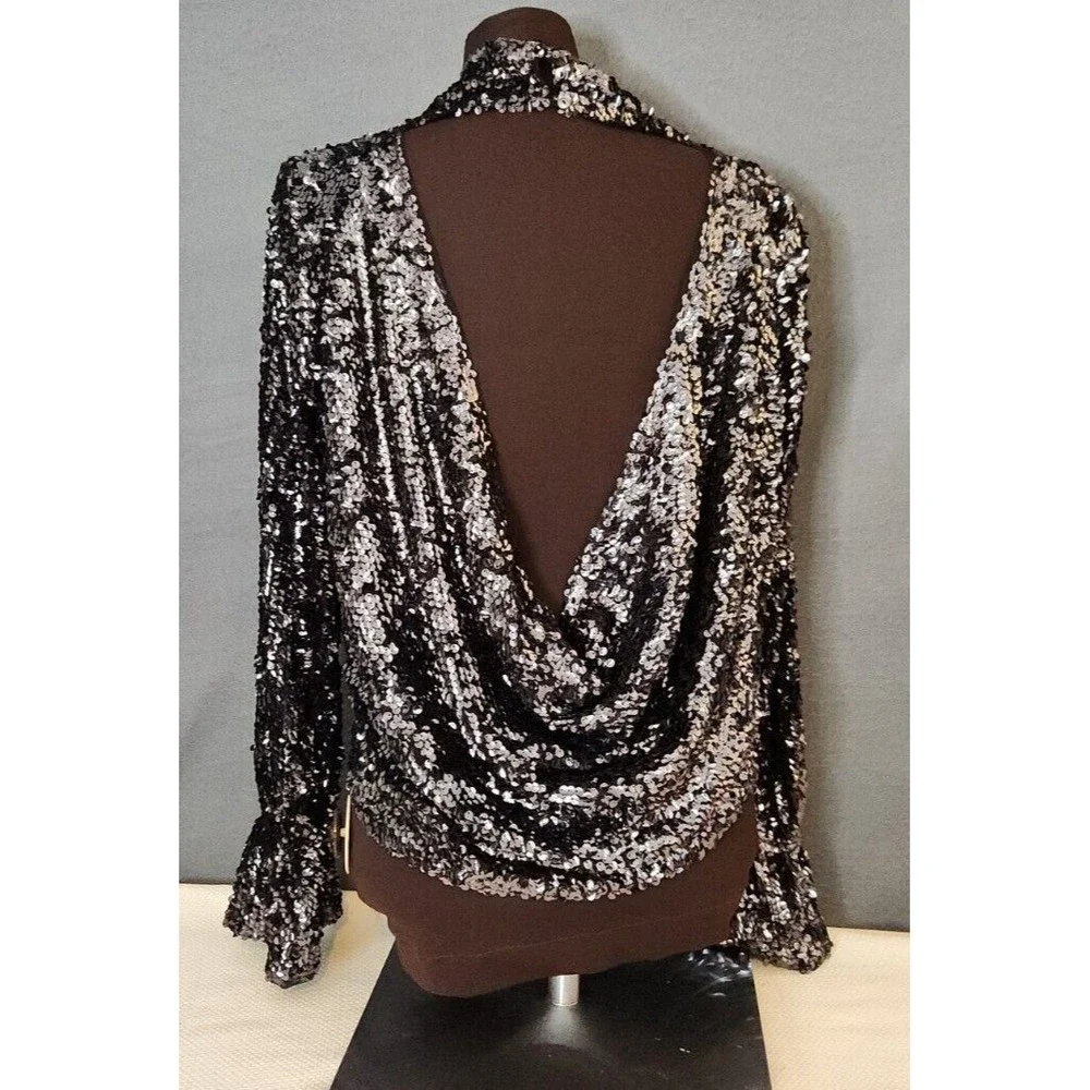 Free People‎ Moonstruck Black Sequin Open Back Top Womens Size Small Long Sleeve
